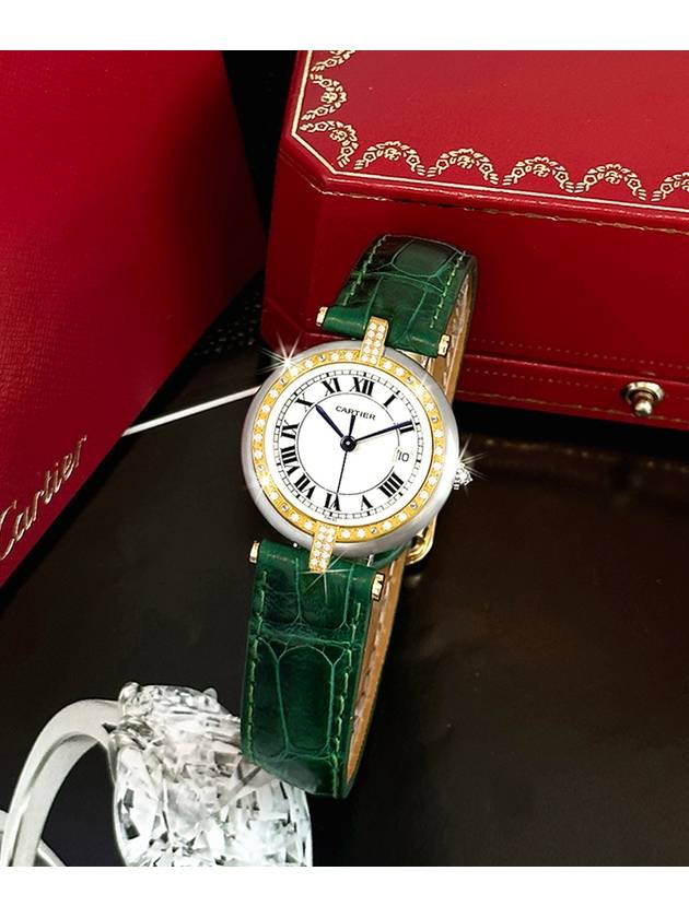 Panda diamond bezel round green alligator leather band combination watch - CARTIER - BALAAN 8