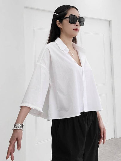 e Women's Natural Washing Tassel Short Sleeve Shirt White - PRETONE - BALAAN 2