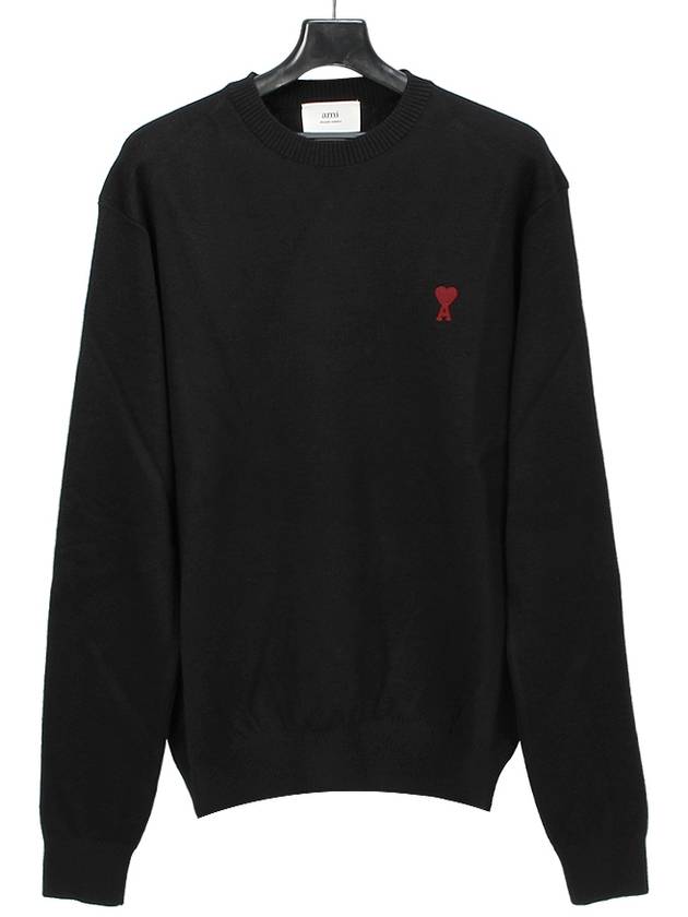 Heart Embroidered Logo Crew Neck Knit Top Black - AMI - BALAAN 2