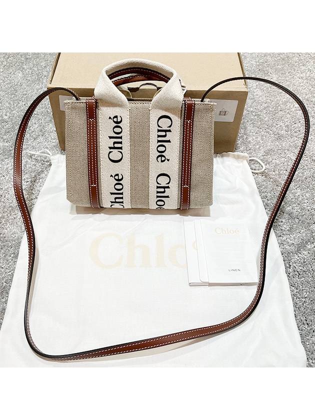 Woody Linen Canvas Calfskin Tote Bag White Brown - CHLOE - BALAAN 4