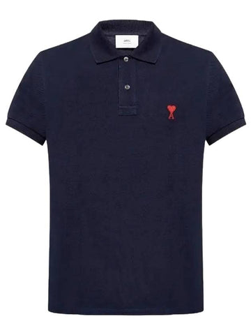 Men's Heart Logo Polo Shirt Navy - AMI - BALAAN 1