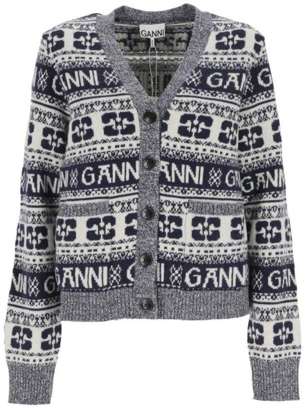 logo wool mix jacquard cardigan blue - GANNI - BALAAN 2