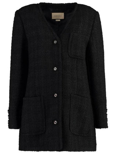 V-neck single-breasted tweed melange jacket black - GUCCI - BALAAN 1