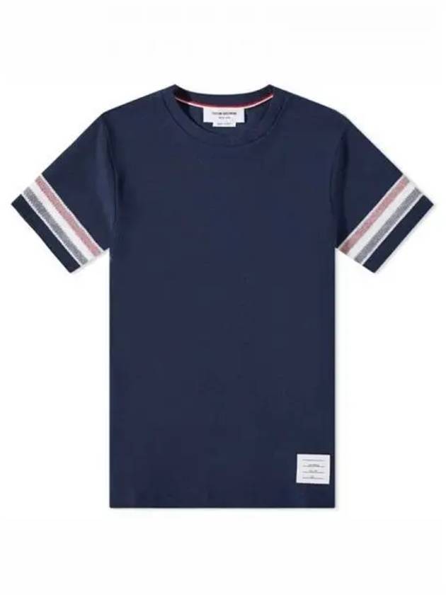 Textured Cotton Stripe Short Sleeve T-Shirt Navy - THOM BROWNE - BALAAN 2