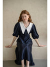 Puff sleeve wide collar A line long dress navy - CAHIERS - BALAAN 3