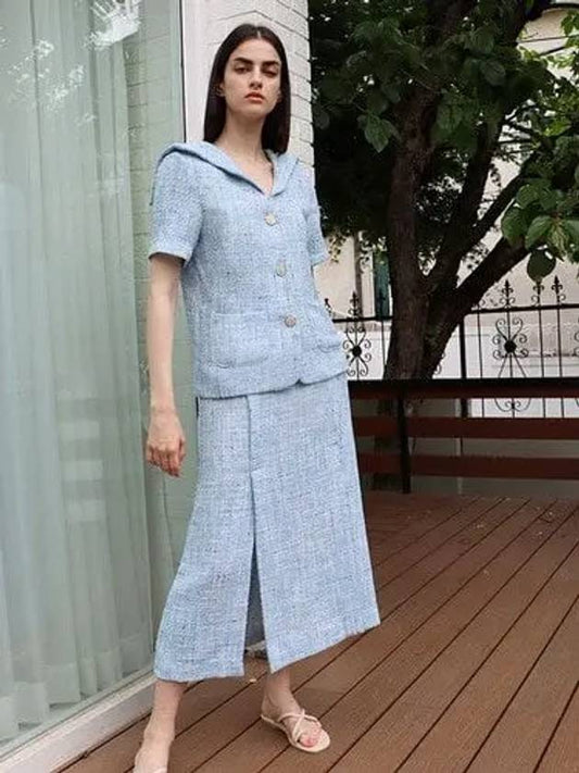 Tweed blue slit long skirtTweed Blue Long SK - DAMAGE MNEMONIC - BALAAN 2