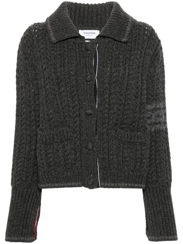 Chunky Links Stitch 4 Bar Polo Merino Wool Cardigan Grey - THOM BROWNE - BALAAN 3