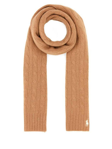 Embroidered Pony Cable Knit Scarf Camel - POLO RALPH LAUREN - BALAAN 1