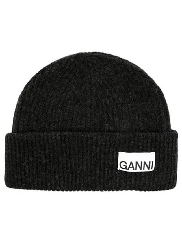 Logo Label Rib Knit Wool Beanie Dark Grey - GANNI - BALAAN 3