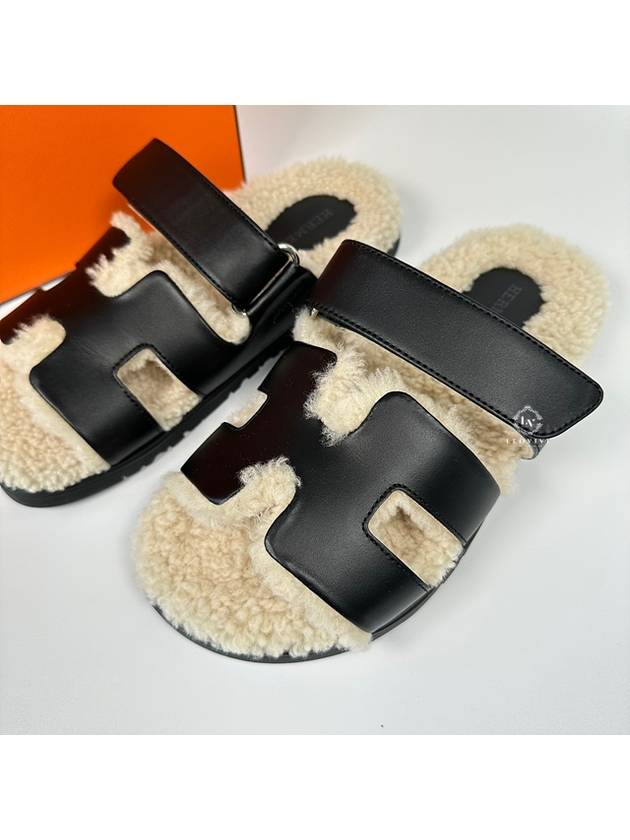 Chypre Calfskin Woolskin Sandals Noir - HERMES - BALAAN 3