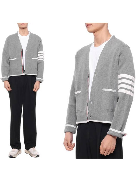 V-Neck Diagonal Armband Cardigan Grey - THOM BROWNE - BALAAN 2