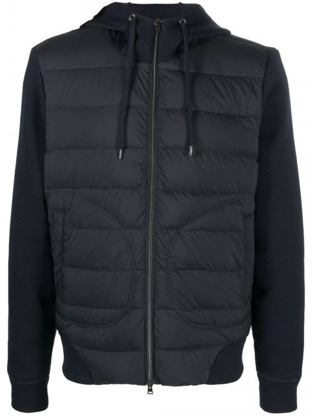 Men's Quilted Knit Down Hooded Jacket Navy - HERNO - BALAAN.