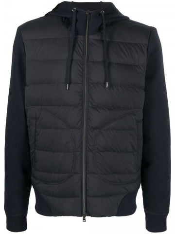 Men's Quilted Knit Down Hooded Jacket Navy - HERNO - BALAAN.