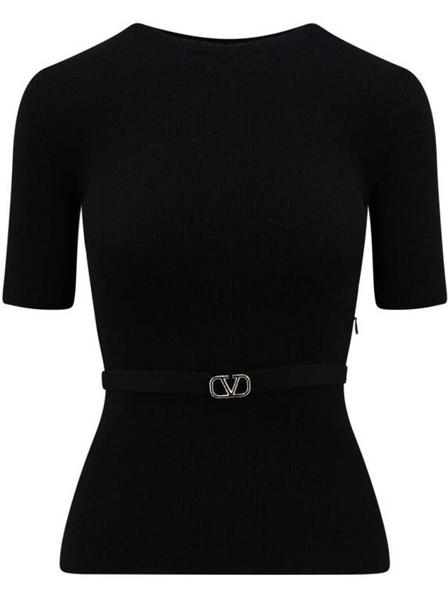 V Metal Logo Belt Detail Wool Knit Top Black - VALENTINO - BALAAN 2