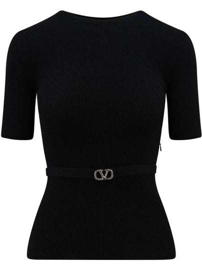 V Metal Logo Belt Detail Wool Knit Top Black - VALENTINO - BALAAN 2