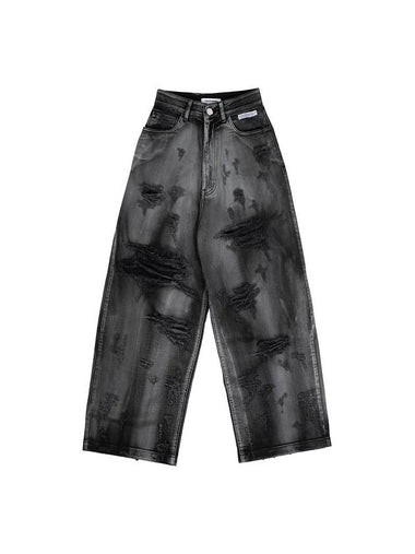 Damaged Crack Washed Denim Wide Pants Grey - PEOPLE OF THE WORLD - BALAAN 1