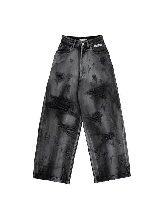 Damaged crack washed denim wide pants gray - PEOPLE OF THE WORLD - BALAAN 1