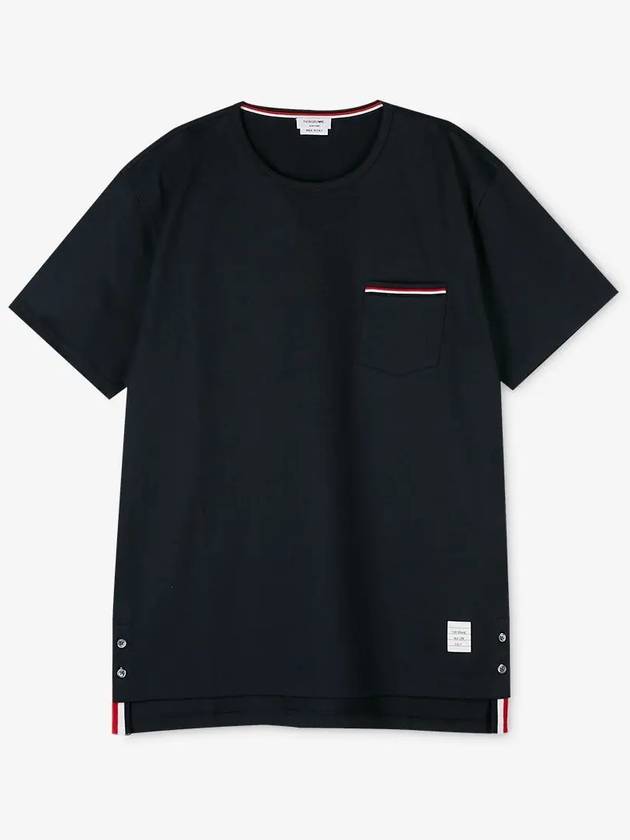 Men's Medium Weight Jersey Tipped Pocket Crewneck Short Short Sleeve T-Shirt Navy - THOM BROWNE - BALAAN 3