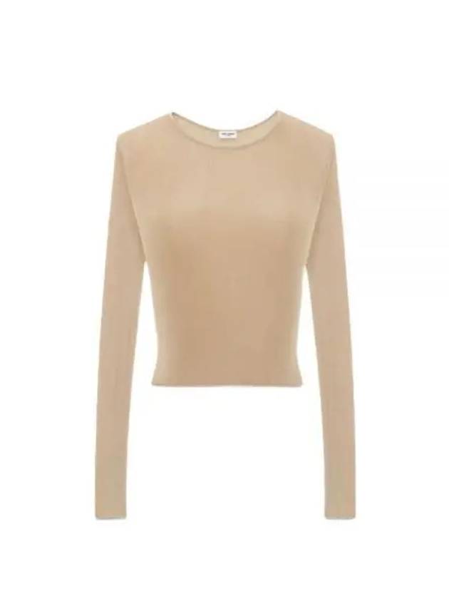 Rib Detail Viscose Crop Long Sleeve T-Shirt Beige - SAINT LAURENT - BALAAN 2