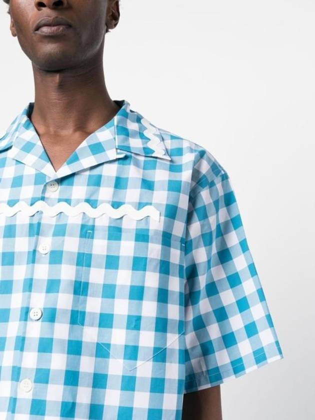 Check Short Sleeve Shirt Blue - PRADA - BALAAN 4