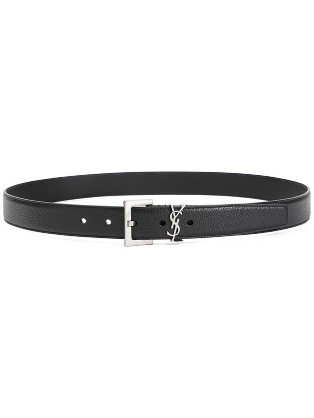 Grained Leather Silver Monogram Belt Black - SAINT LAURENT - BALAAN 2