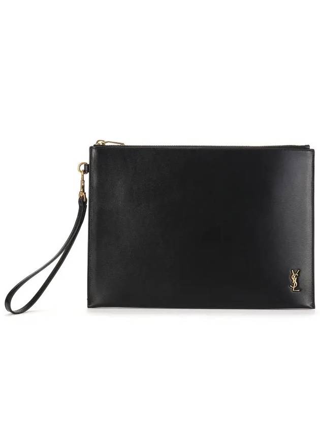 Tiny Cassandre Shiny Leather Zip Tablet Clutch Bag Black - SAINT LAURENT - BALAAN 3