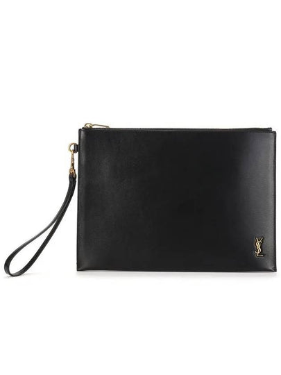 Tiny Cassandre Shiny Leather Zip Tablet Clutch Bag Black - SAINT LAURENT - BALAAN 2