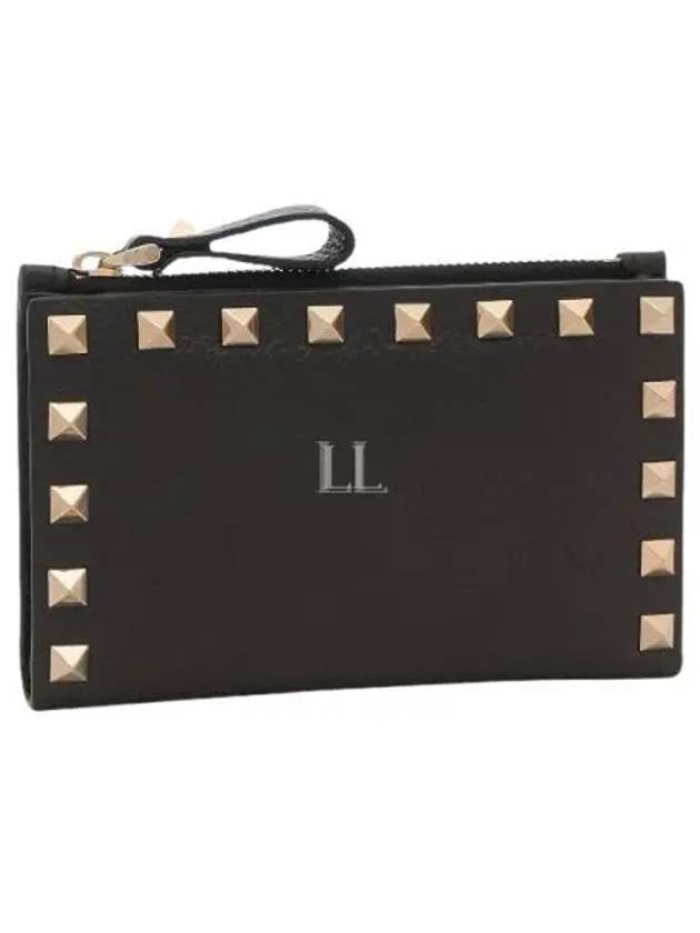 Rockstud Flap Leather Card Wallet Black - VALENTINO - BALAAN 2