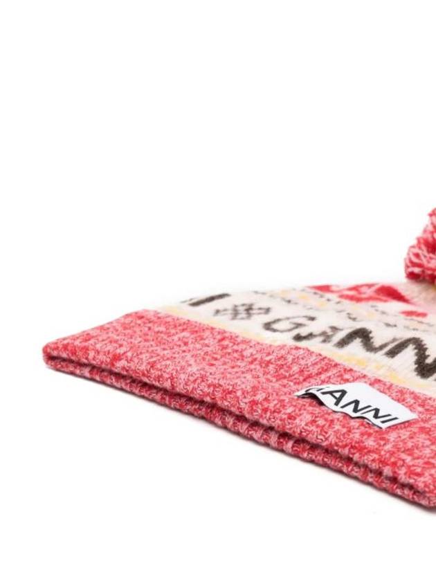 Logo Graphic Intarsia Knit Beanie Red - GANNI - BALAAN 3