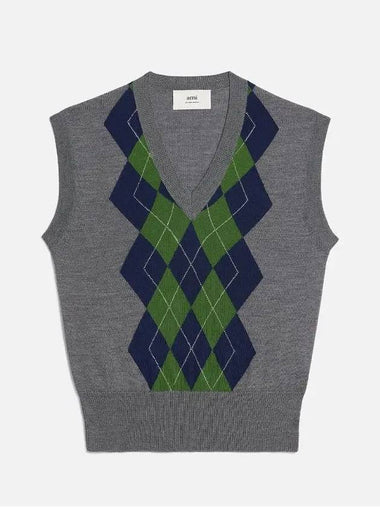 Argyle Jacquard Knit Vest Grey - AMI - BALAAN 1