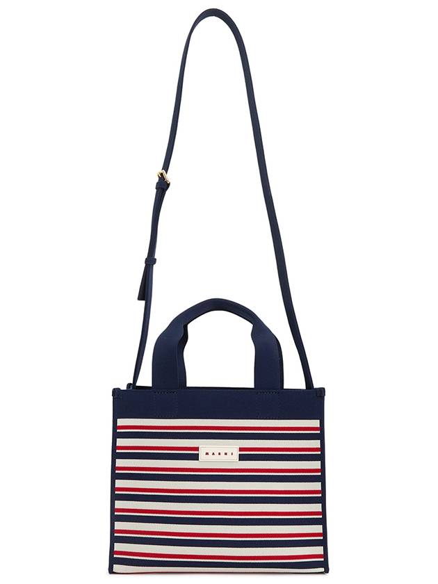 Logo Patch Striped Jacquard Tote Bag Navy - MARNI - BALAAN 7