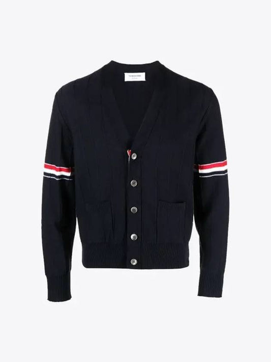 RWB V-neck Striped Virgin Wool Cardigan Navy - THOM BROWNE - BALAAN 2