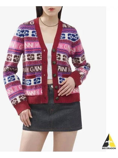 Intarsia Logo V-Neck Wool Mix Cardigan Pink - GANNI - BALAAN 2