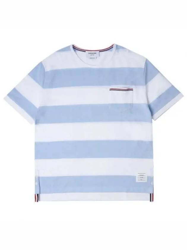 Men's Rugby Striped Pick Pocket Short Sleeve T-Shirt Light Blue White - THOM BROWNE - BALAAN 2