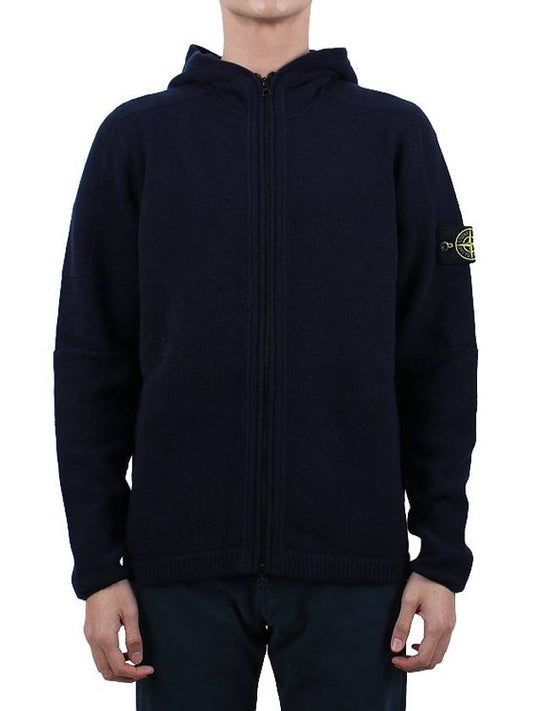 Logo Patch Hooded Lamb Wool Cardigan Navy - STONE ISLAND - BALAAN 2