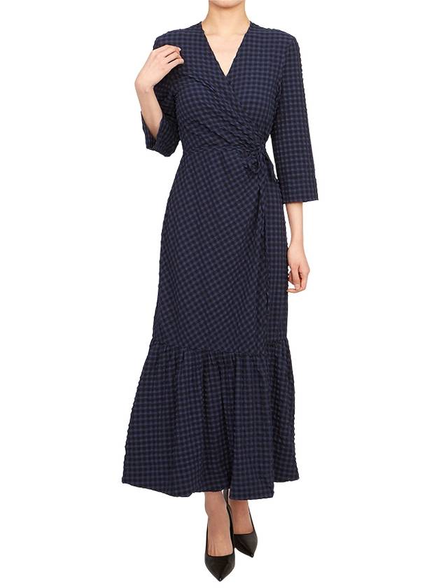 Checkered Seersucker Gathered Wrap Midi Dress Deep Cobalt - GANNI - BALAAN 9