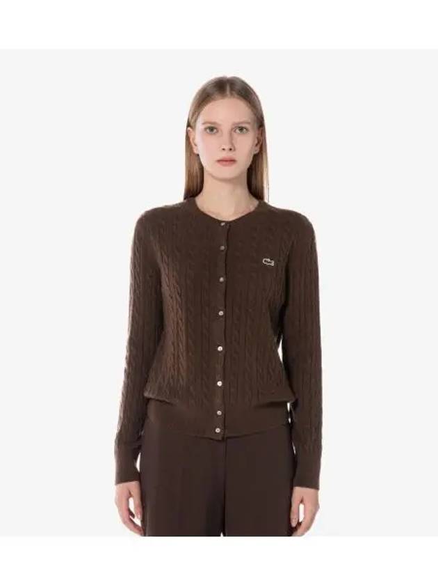 Women s Cable Crew Neck Cardigan Brown - LACOSTE - BALAAN 1