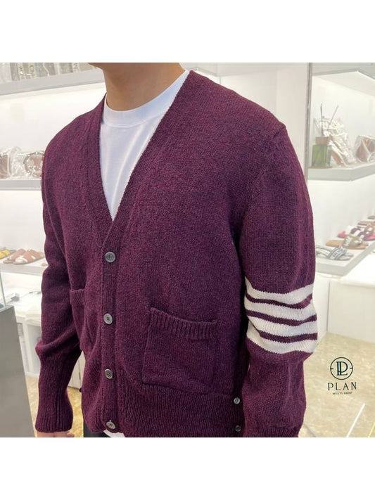 Men's Burgundy Stitch Classic Shetland Wool V-neck Cardigan - THOM BROWNE - BALAAN.