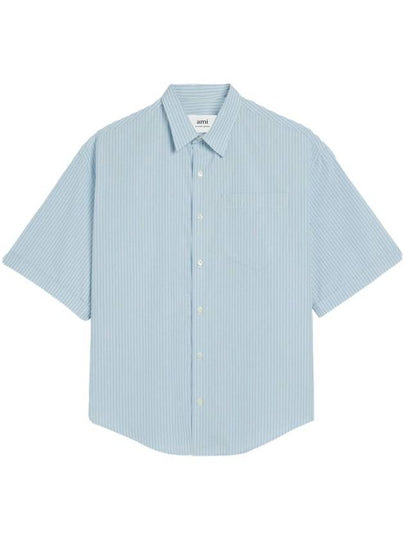 Striped Boxy Fit Short Sleeve Shirt Blue - AMI - BALAAN 2