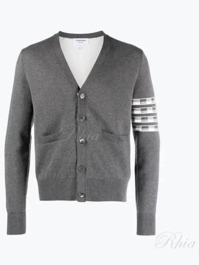 4-Bar V-Neck Hector Jacquard Cotton Cardigan Grey - THOM BROWNE - BALAAN 2