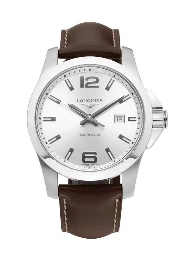 Men's Conquest Leather Watch Silver Brown - LONGINES - BALAAN 2