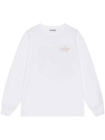 Logo Print Cotton Long Sleeve T-Shirt White - GANNI - BALAAN 1