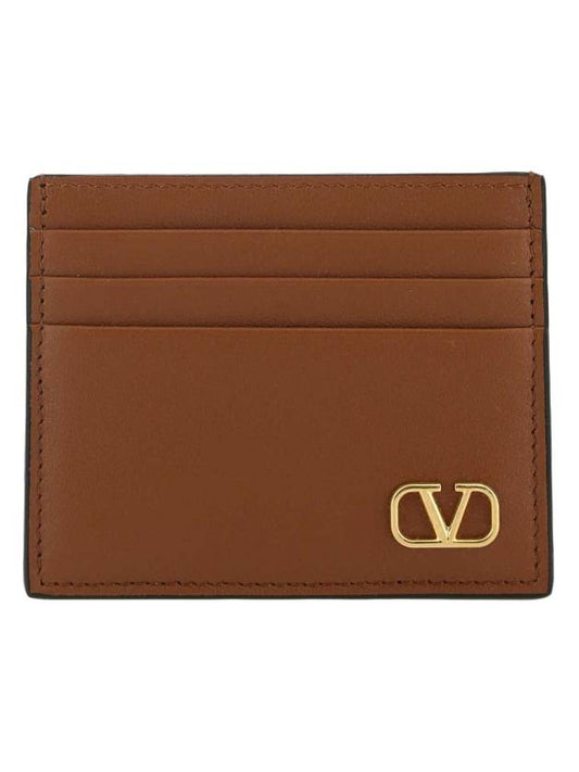 gold V logo signature leather card wallet brown - VALENTINO - BALAAN.