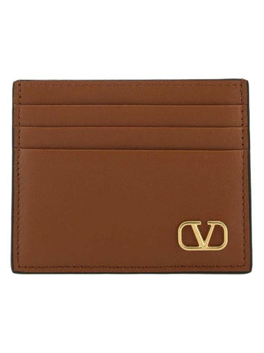 Gold V Logo Signature Leather Card Wallet Brown - VALENTINO - BALAAN 1