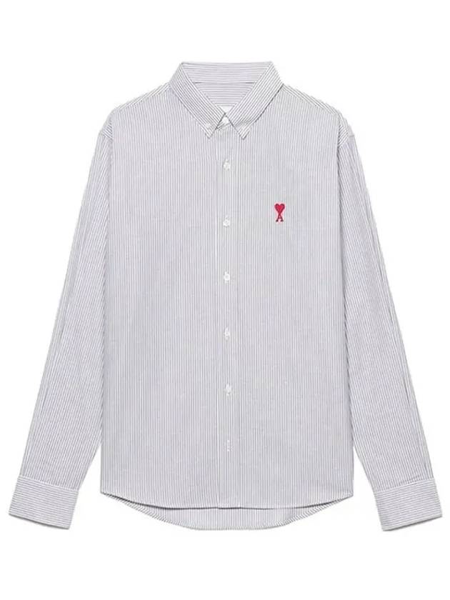Men's Heart Logo Striped Button Down Long Sleeve Shirt Grey - AMI - BALAAN 2