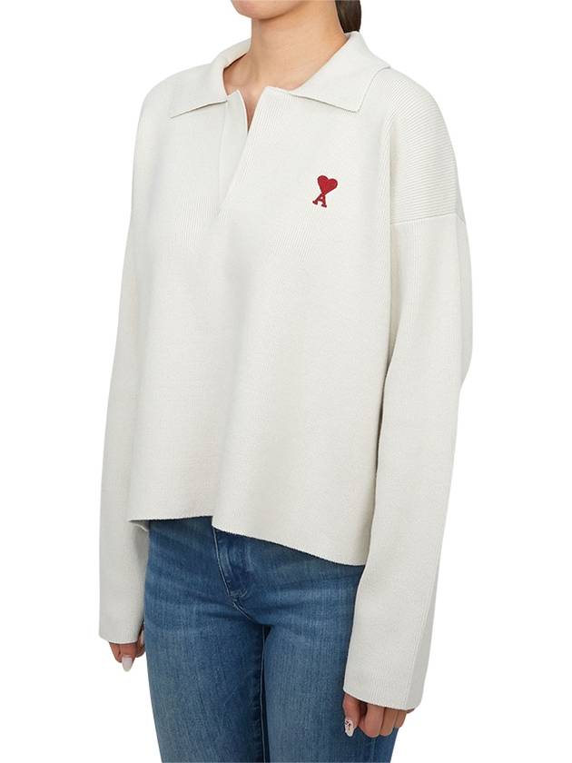 Small Heart Long Sleeve Polo Shirt White - AMI - BALAAN 3