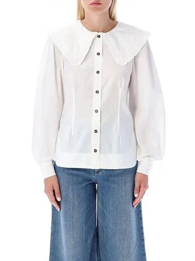 Ruffle Wide Poplin Blouse White - GANNI - BALAAN 4