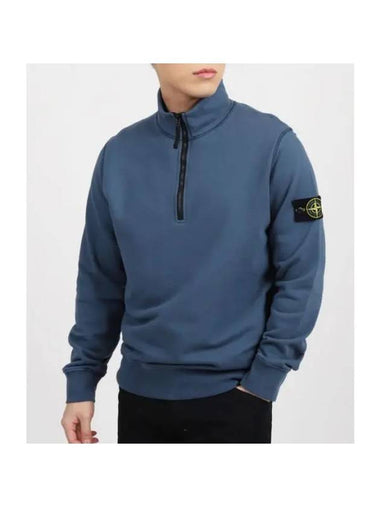 Logo Badge Half Zipper Cotton Fleece Knit Top Avio Blue - STONE ISLAND - BALAAN 1