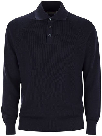 Cotton rib knit polo shirt with long raglan sleeve - BRUNELLO CUCINELLI - BALAAN 1