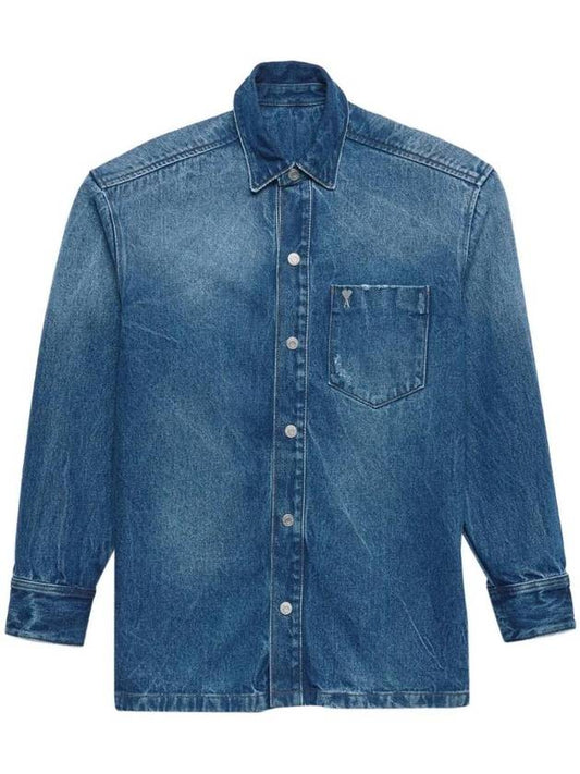 Heart Logo Plaque Pocket Denim Long Sleeve Shirt Blue - AMI - BALAAN 1